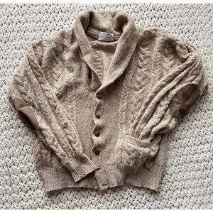 Vintage 70s Fisherman Cardigan Sweater Wool Tan Grandpa Cableknit Size Large